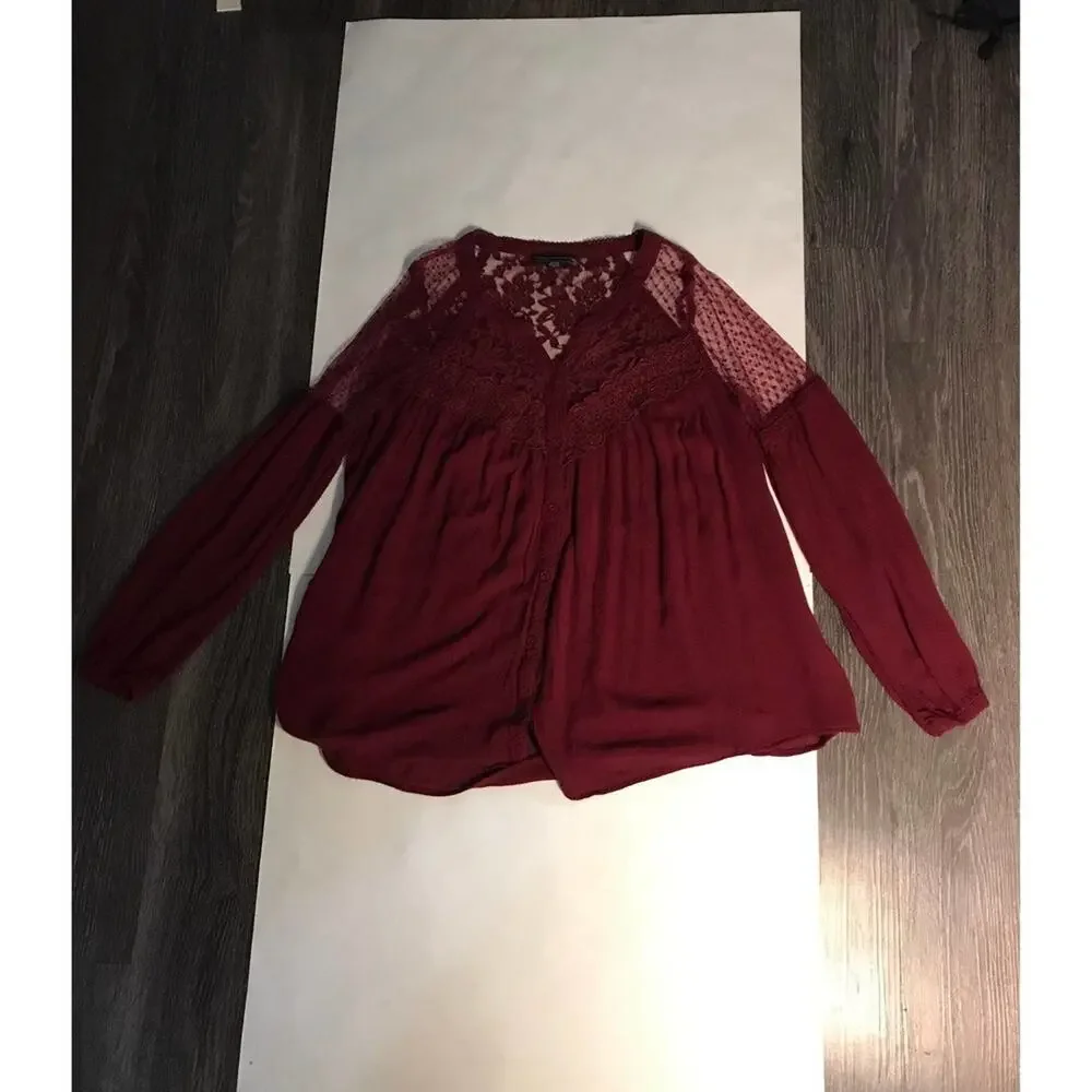 American Eagle Outfitters Burgundy Gauze Lace Top S Boho Coquette Girl Fairycore